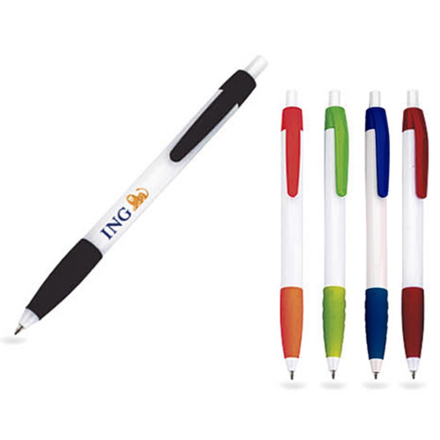 BOLÍGRAFO DE PLÁSTICO CON CLIP DE COLOR Y GRIP DE GOMA  F0284 