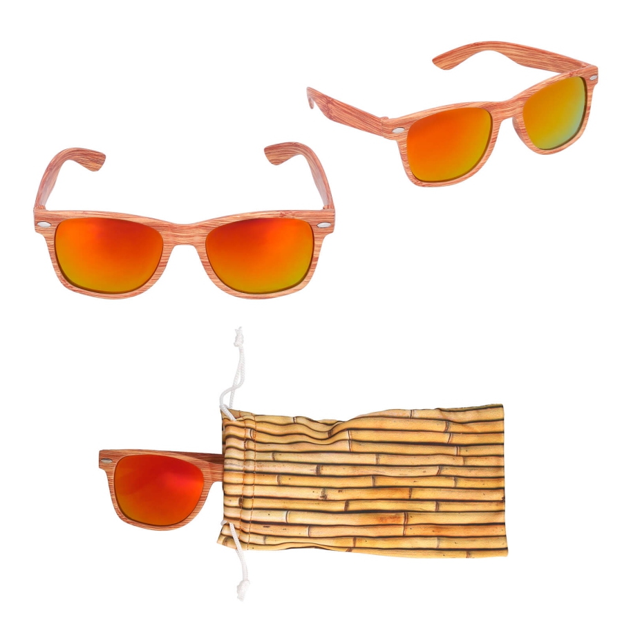LENTES DE SOL DE PLÁSTICO CON SIMULACIÓN EN MADERA, ESTUCHE DE POLIÉSTER CON CORREA AJUSTABLE  F0357 