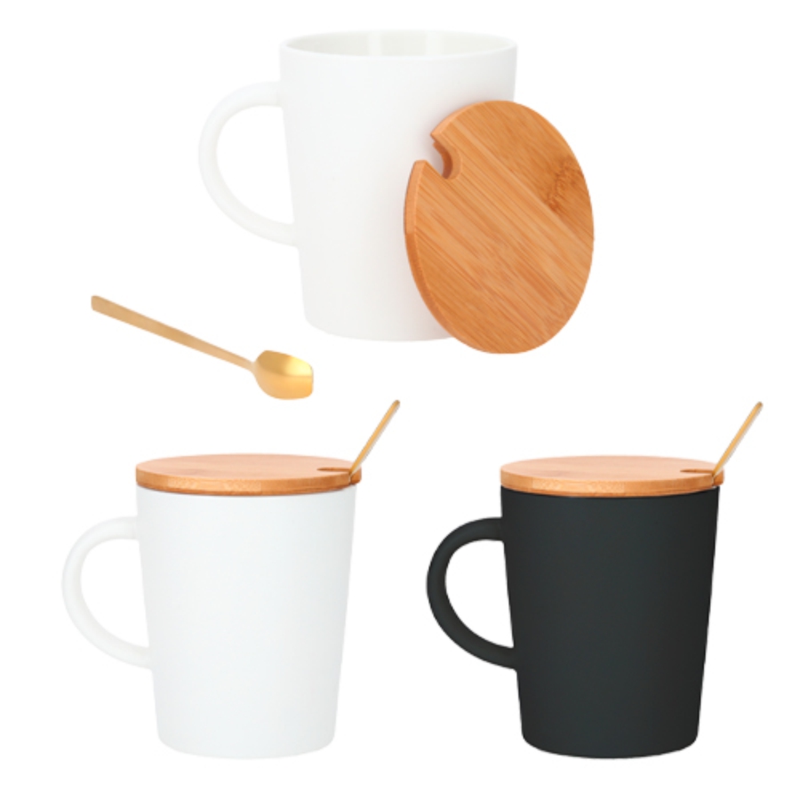 TAZA DE CERÁMICA CON TAPA DE BAMBÚY CUCHARILLA F0508
