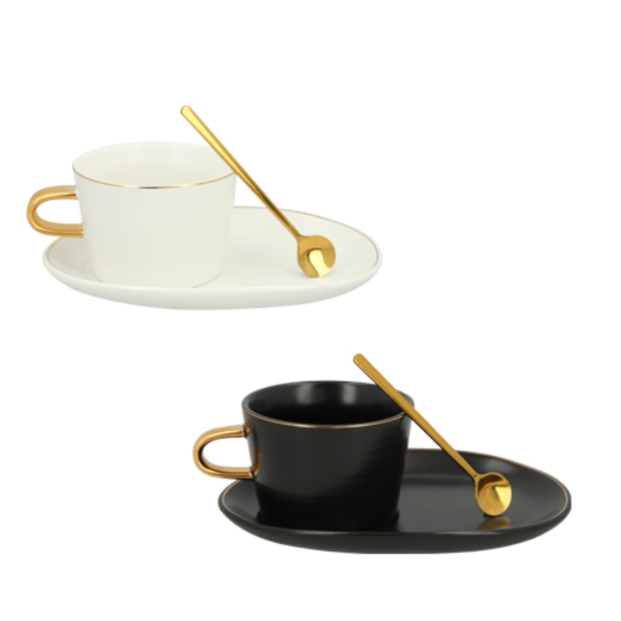 TAZA DE CERÁMICA CON CUCHARA DE ACERO IOXIDABLE Y PLATO DE CERÁMICA  F0525 