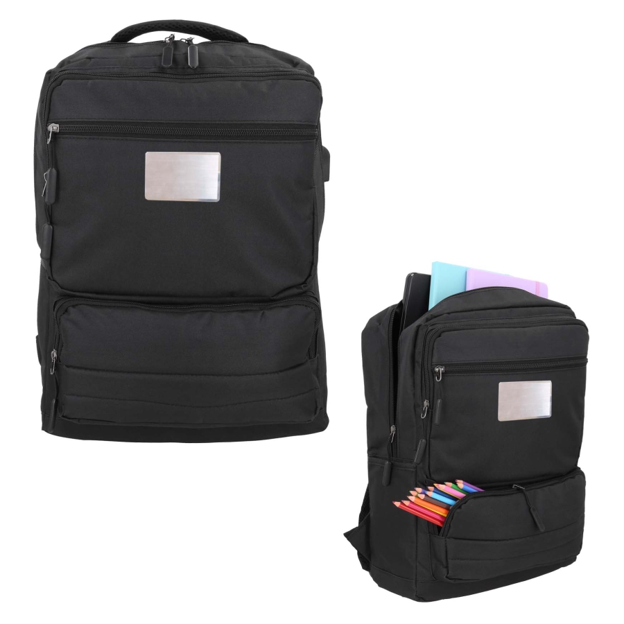 MOCHILA CON COMPARTIMENTO PRINCIPAL, ESPACIO PARA LAPTOP ACOLCHADA DE 16", TRES COMPARTIMENTOS FRONTALES, DOS COMPARTIMENTOS LATERALES Y ASA. F0171