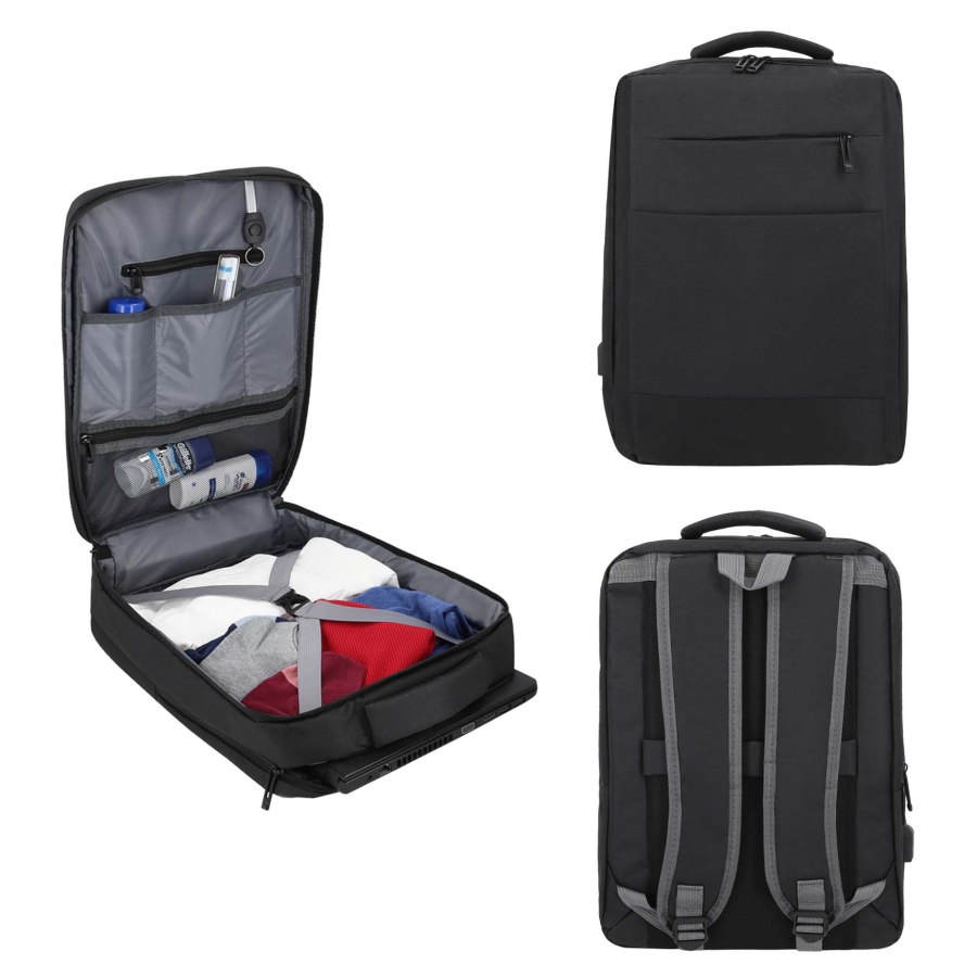 MOCHILA CON ABERTURA 360, 1 COMPARTIMENTO PRINCIPAL CON RESORTE, BOLSA FRONTAL, ORGANIZADOR INTERNO Y PORTA LLAVES. INCLUYE BOLSA DE SEGURIDAD CON PORTA LAPTOP DE 16" Y ASA F0176