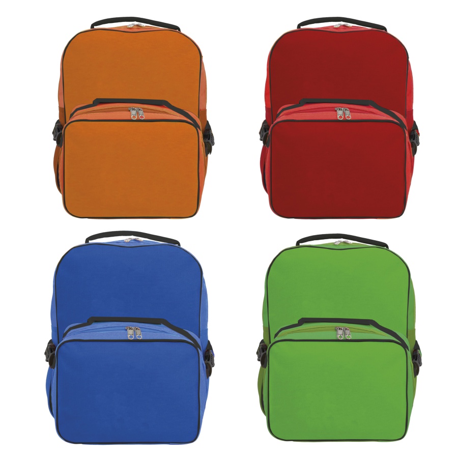 MOCHILA ESCOLAR CON COMPARTIMENTO PRINCIPAL Y ASA. INCLUYE LONCHERA CON BROCHES DE SEGURIDAD. F0180 