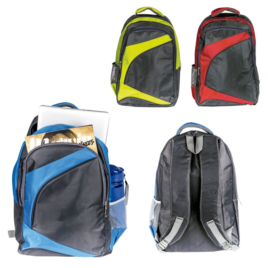 MOCHILA DE POLIÉSTER CON DOS COMPARTIMENTOS FRONTALES, ASA Y BOLSA DE MALLA, CON RESPALDO Y TIRANTES ACOJINADOS  F041