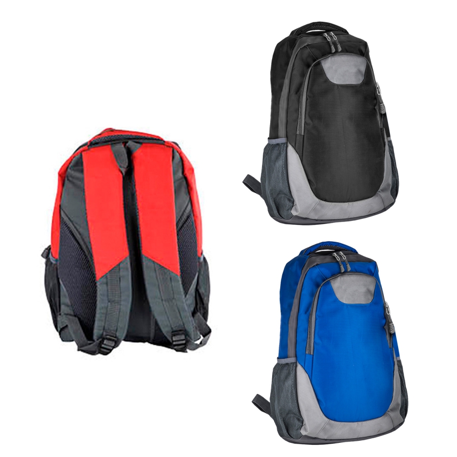 MOCHILA DE 2 COMPARTIMENTOS CON ESPACIO PARA LAPTOP MAX DE 16 PULGADAS, 2 BOLSILLOS DE RED Y COMPARTIMENTO CENTRAL CON CIERRE Y DIVISOR INTERNO  F045