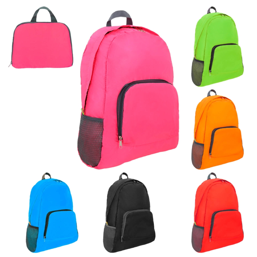 MOCHILA DE 2 COMPARTIMENTOS CON CIERRE Y BOLSILLOS LATERALES DE RED, ESTA MOCHILA SE DOBLA Y SE CONVIERTE EN UNA PRÁCTICA BOLSA PARA LLEVAR  F046